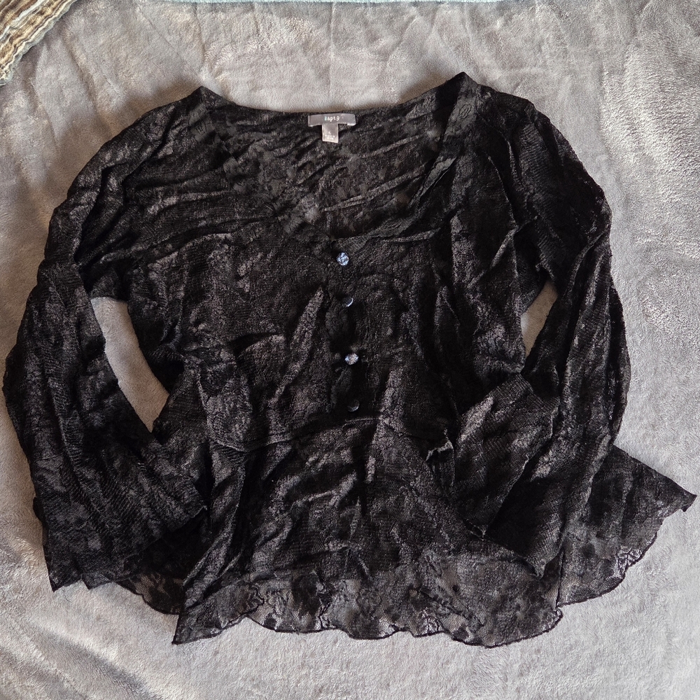apt 9 Black Lace Blouse - Lace Sleeves - Large